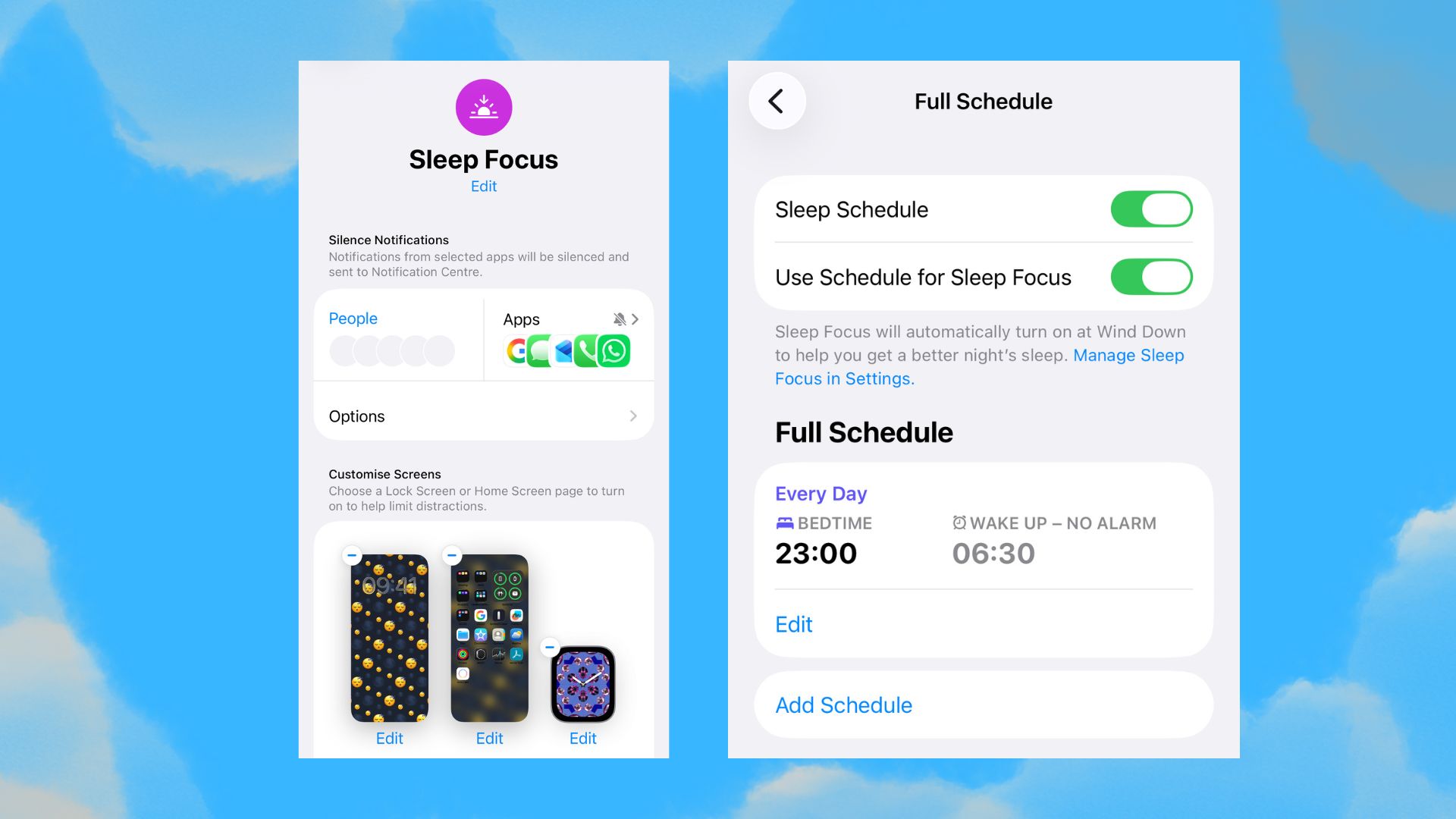 Screengrabs showing the Sleep Focus and Sleep Schedule functions of the Apple Health App.