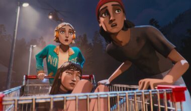 A screen from game Mixtape, a girl is being pushed in a shopping trolley