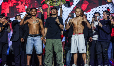 Rodtang Jitmuangnon and Takeru Segawa face off on stage ahead of their rematch at ONE SAMURAI 1