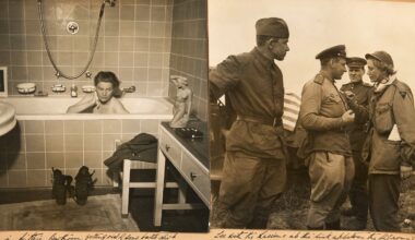 A split image: left side shows a person taking a bath in a tiled bathroom with boots on the floor; right side shows four soldiers in uniform talking outdoors. Handwritten captions are visible below both images.