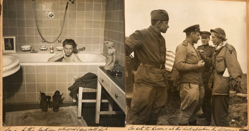 A split image: left side shows a person taking a bath in a tiled bathroom with boots on the floor; right side shows four soldiers in uniform talking outdoors. Handwritten captions are visible below both images.