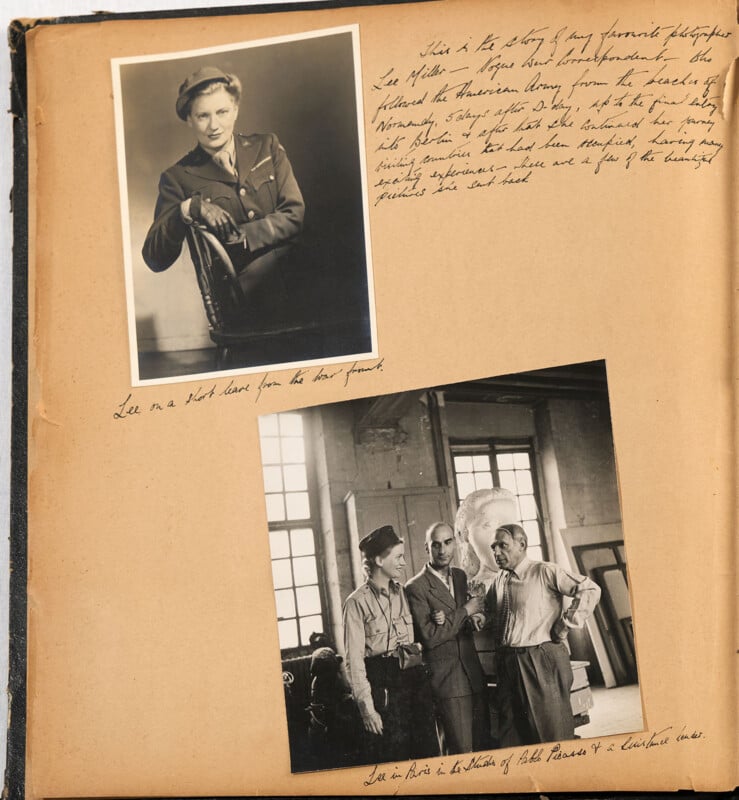 A scrapbook page with a portrait of a person in uniform above, handwritten notes, and a black-and-white photo below showing three people talking in a sunlit room, one also in uniform.