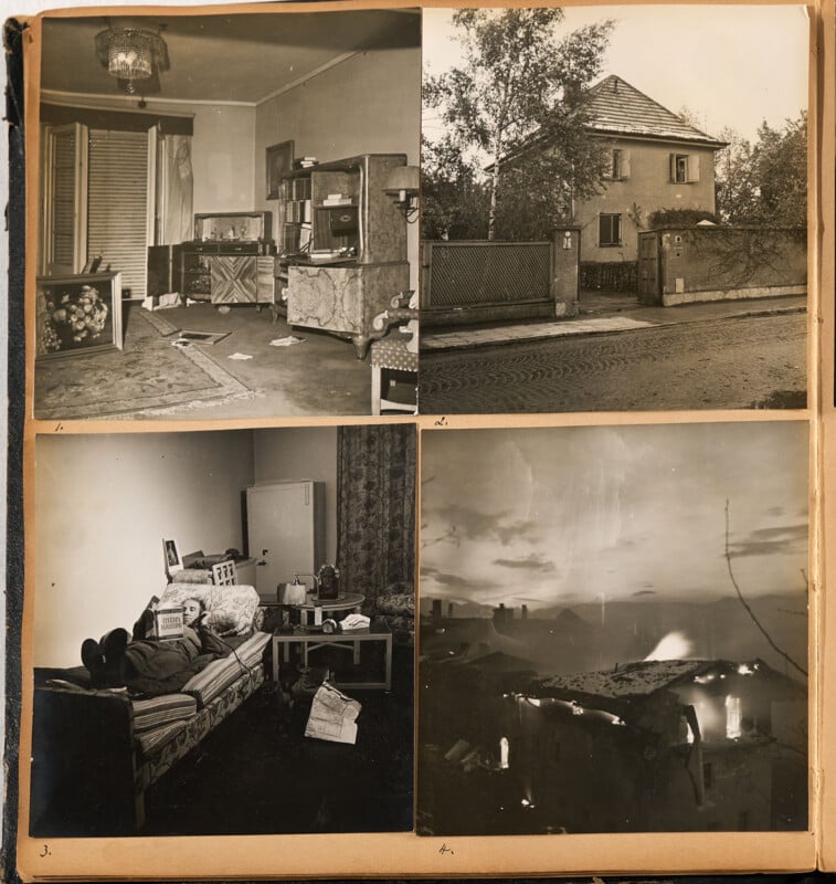 A collage of four vintage black-and-white photos: a living room, a house exterior, a person resting in a cluttered room, and a building on fire at night.