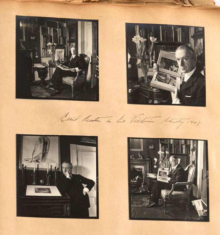 Four black-and-white photos of an older man in a suit, posing in a book-lined study. He sits with books, holds and displays a framed image, and stands by a desk. Handwritten note says, "Cecil Beaton in his Victorian study, 1949.