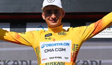BILBAO, SPAIN - APRIL 06: Paul Seixas of France and Team Decathlon CMA CGM celebrates at podium as Yellow leader jersey winner during the 65th Itzulia Basque Country 2026, Stage 1 a 13.8km individual time trial stage from Bilbao to Bilbao / #UCIWT / on April 06, 2026 in Bilbao, Spain. (Photo by Tim de Waele/Getty Images)