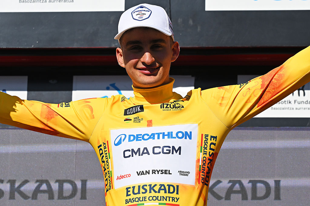 BILBAO, SPAIN - APRIL 06: Paul Seixas of France and Team Decathlon CMA CGM celebrates at podium as Yellow leader jersey winner during the 65th Itzulia Basque Country 2026, Stage 1 a 13.8km individual time trial stage from Bilbao to Bilbao / #UCIWT / on April 06, 2026 in Bilbao, Spain. (Photo by Tim de Waele/Getty Images)