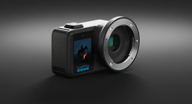 A GoPro action camera with a large lens attachment, featuring a small display screen showing a person riding a horse next to a campfire, is set against a dark, gradient background.