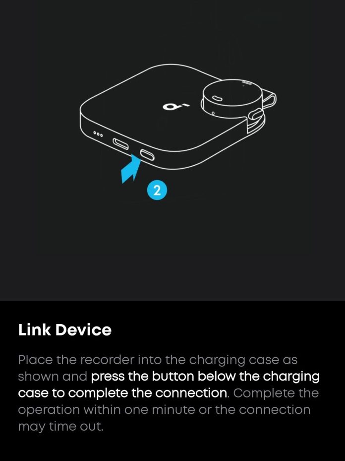 Screenshot of the soundcore app showing a device being linked and an image of how to accomplish this.