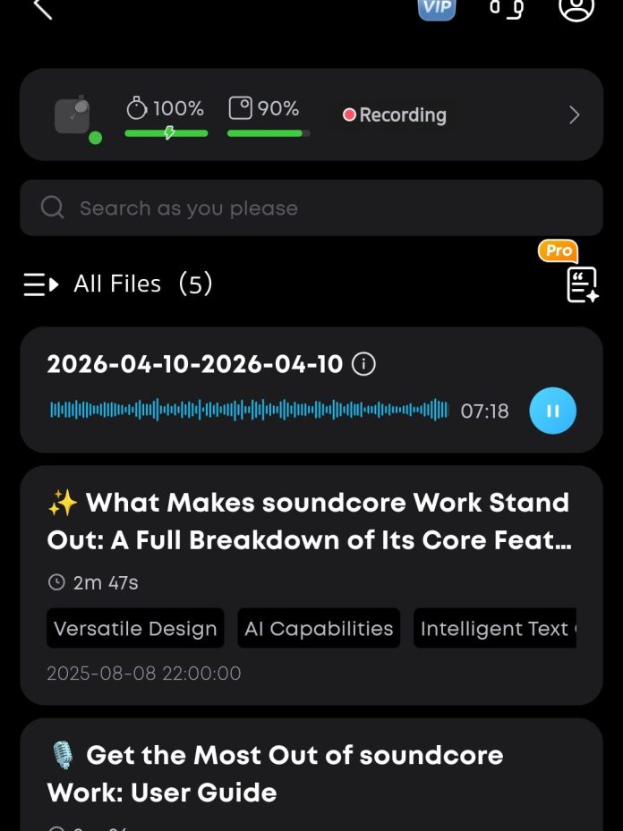 Screenshot of the soundcore app showing battery levels, recording, and the previously recorded files. The app clearly shows there is one file in recording progress.
