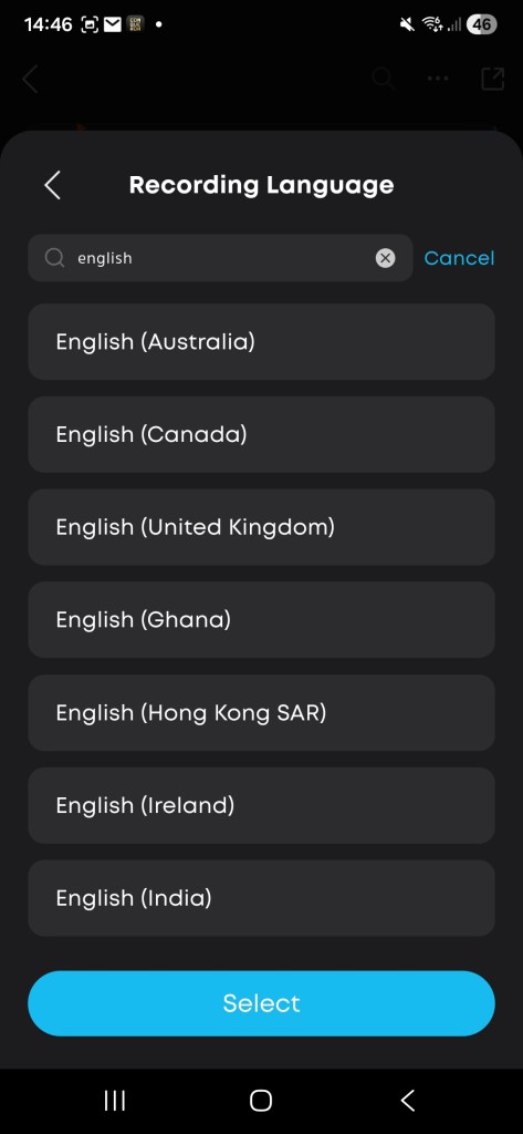 Screenshot of the soundcore app showing seven different types of English translations: Australian, Canadian, UK, Ghana, Hong Kong, Ireland, India.