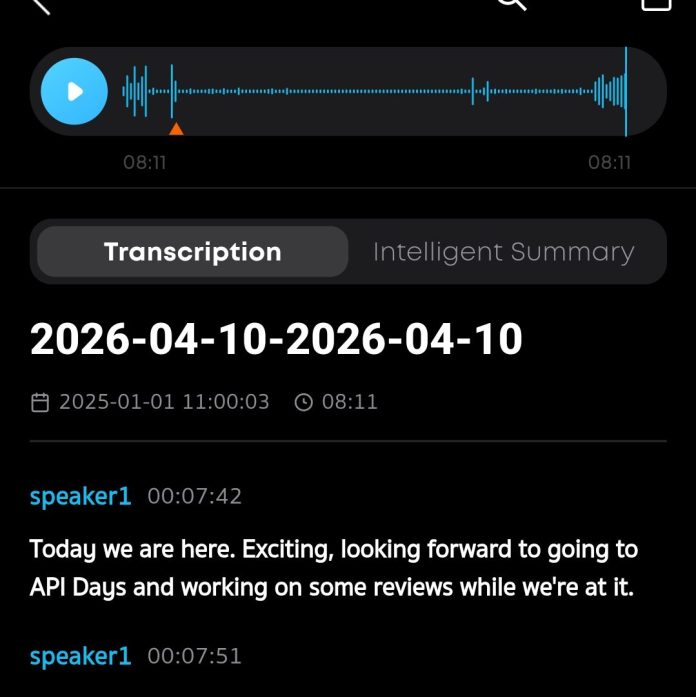 Screenshot of the soundcore app showing the transcript of the recording. It clearly shows API Days as the correct spelling and capitalisation.
