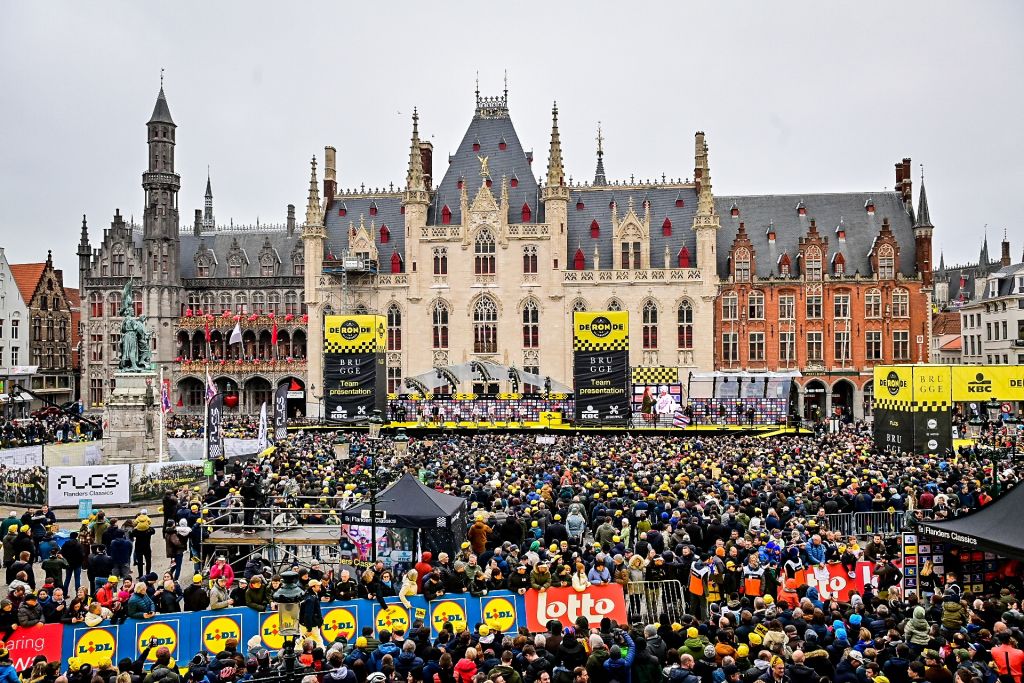 Cycling fans pictured at the start of the men&amp;apos;s race of the &amp;apos;Ronde van Vlaanderen/ Tour des Flandres/ Tour of Flanders&amp;apos; one day cycling event, 273,4km from Brugge to Oudenaarde, Sunday 02 April 2023. BELGA PHOTO DIRK WAEM (Photo by DIRK WAEM / BELGA MAG / Belga via AFP) (Photo by DIRK WAEM/BELGA MAG/AFP via Getty Images)
