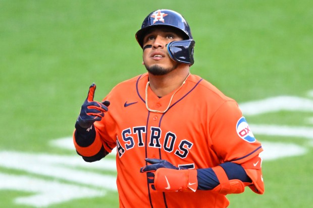 Houston Astros' Isaac Paredes celebrates after his solo home run in the fourth inning of a baseball game against the Cleveland Guardians in Cleveland, Monday, April 20, 2026. (AP Photo/David Richard)