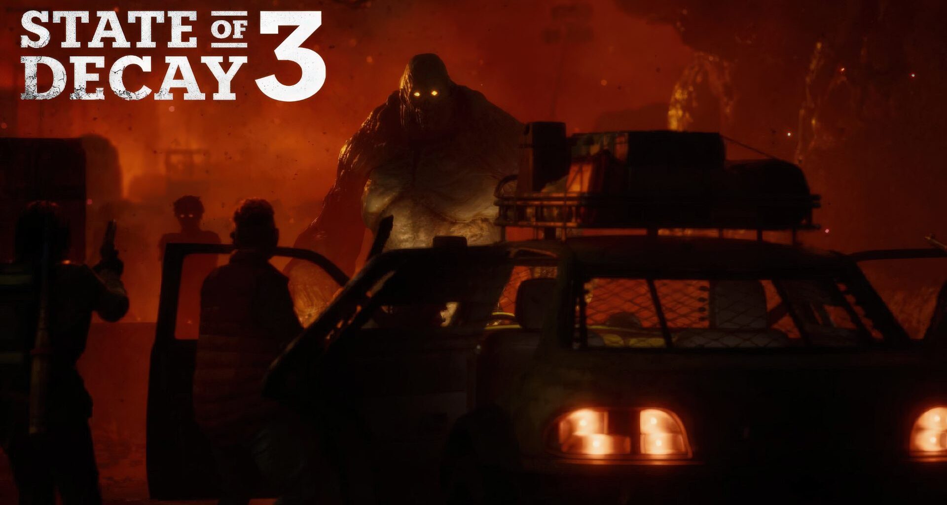 A screenshot from the game 'State of Decay 3' shows a large menacing creature approaching armed survivors near a vehicle in a fiery, apocalyptic setting.