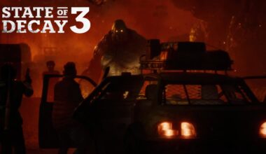 A screenshot from the game 'State of Decay 3' shows a large menacing creature approaching armed survivors near a vehicle in a fiery, apocalyptic setting.
