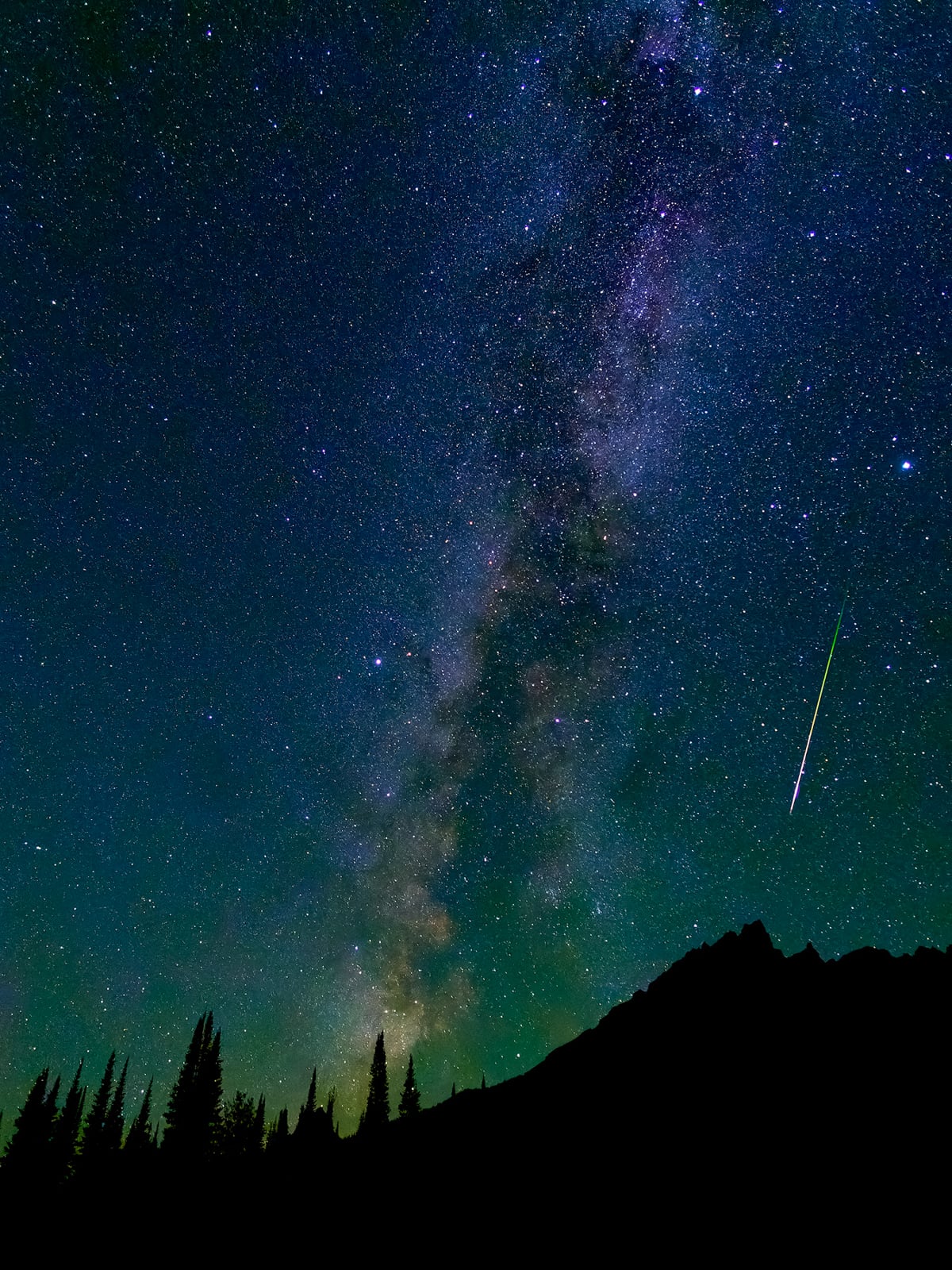 A night sky filled with stars shows the Milky Way stretching above silhouetted trees and mountains, with a bright meteor streaking down on the right side of the image.