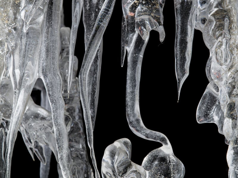 Close-up of long, clear icicles with intricate textures and curved shapes, set against a solid black background.