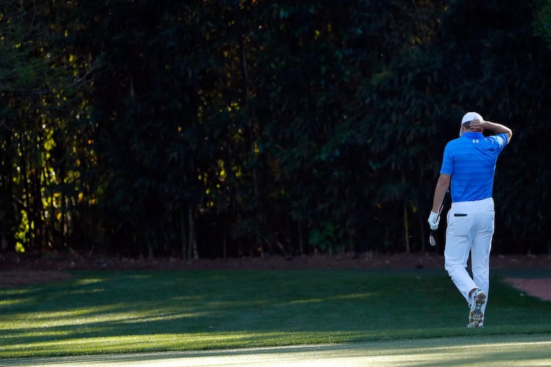 Jordan Spieth of the United States reacts on the 12th hole during the final round of the 2016 Masters Tournament at Augusta National Golf Club on April 10, 2016. Photograph: Kevin C Cox/Getty Images
