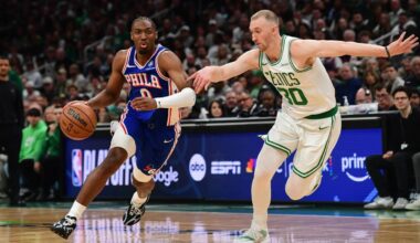 Apr 19, 2026; Boston, Massachusetts, USA; Philadelphia 76ers guard Tyrese Maxey (0) controls the ball while Boston Celtics forward Sam Hauser (30) defends in the first half during game one of the first round of the 2026 NBA Playoffs at TD Garden. Mandatory Credit: Bob DeChiara-Imagn Images