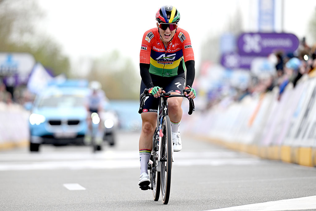 WAREGEM, BELGIUM - APRIL 01: Kim Le Court Pienaar of Mauritius and Team AG Insurance - Soudal crosses the finish line during the 14th Dwars door Vlaanderen 2026 - Women&amp;apos;s Elite a 128.8km one day race from Waregem to Waregem / #UCIWWT / on April 01, 2026 in Waregem, Belgium. (Photo by Dario Belingheri/Getty Images)