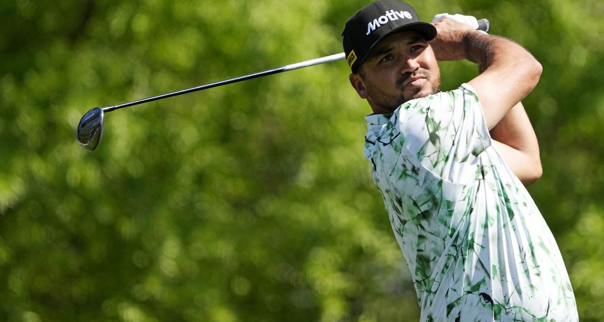 Apr 10, 2025; Augusta, Georgia, USA; Jason Day plays his shot from the fifth tee during the first round of the Masters Tournament