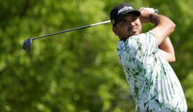 Apr 10, 2025; Augusta, Georgia, USA; Jason Day plays his shot from the fifth tee during the first round of the Masters Tournament