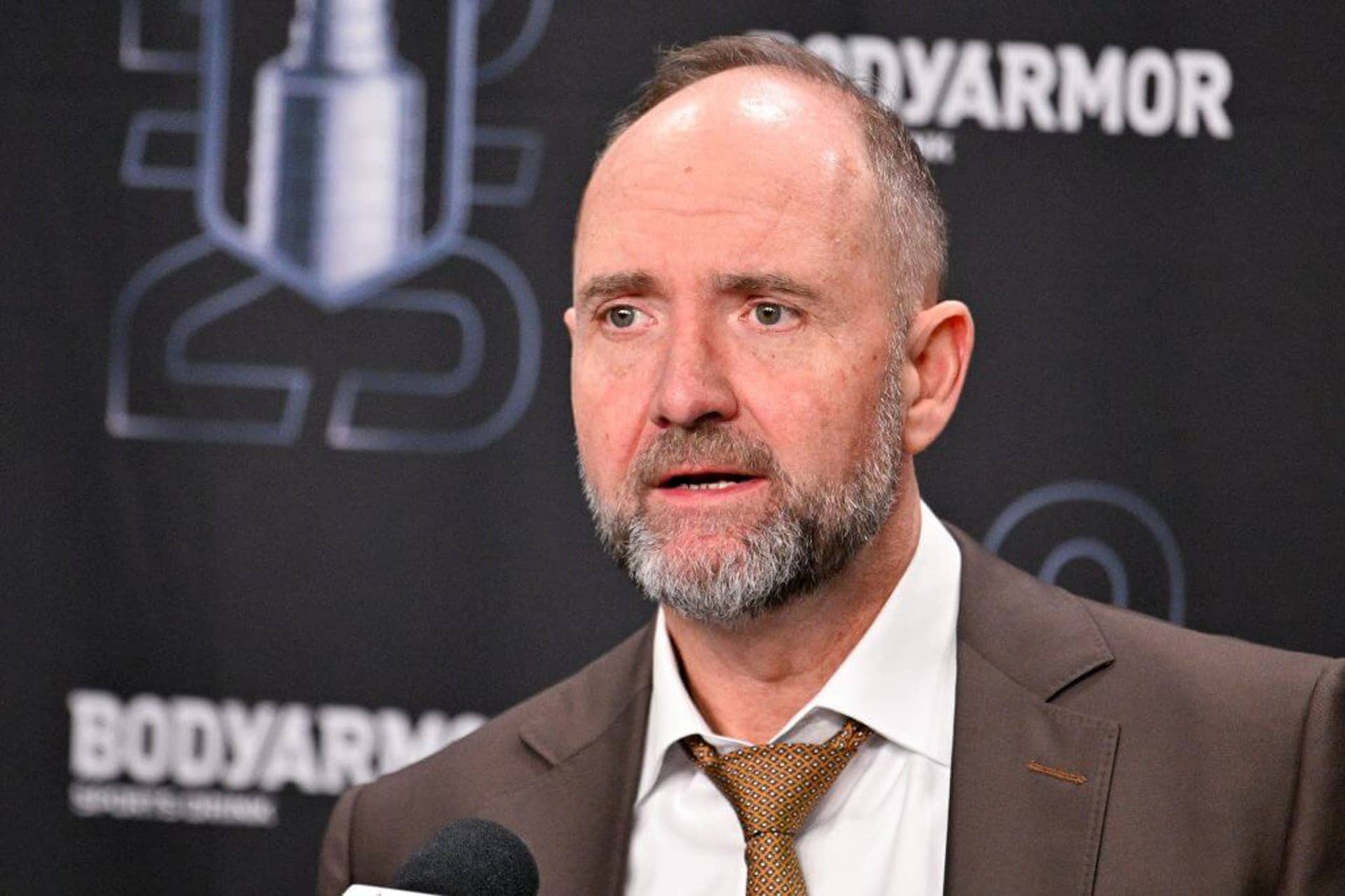 Then-Dallas Stars head coach Pete DeBoer speaks to the media after Game 5 of the 2025 Western Conference final against the Edmonton Oilers.