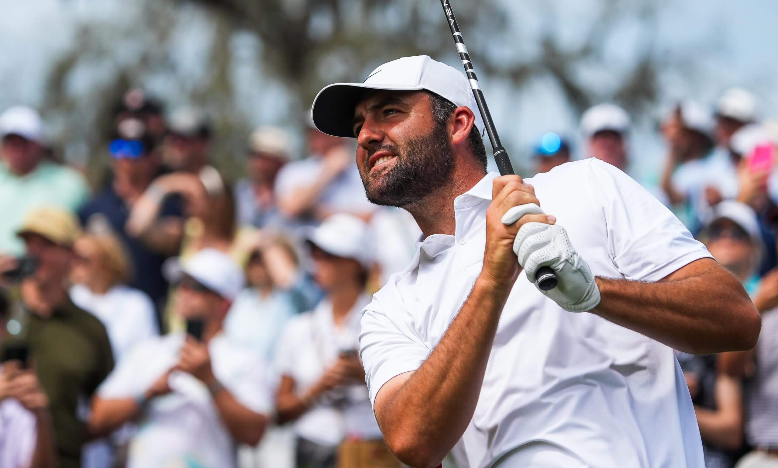 Scottie Scheffler tees off on the 16th hole during the third round of The Players Championship golf tournament at TPC Sawgrass, in Ponte Vedra Beach, Fla. Saturday March 14, 2026. [Doug Engle/Florida Times-Union]