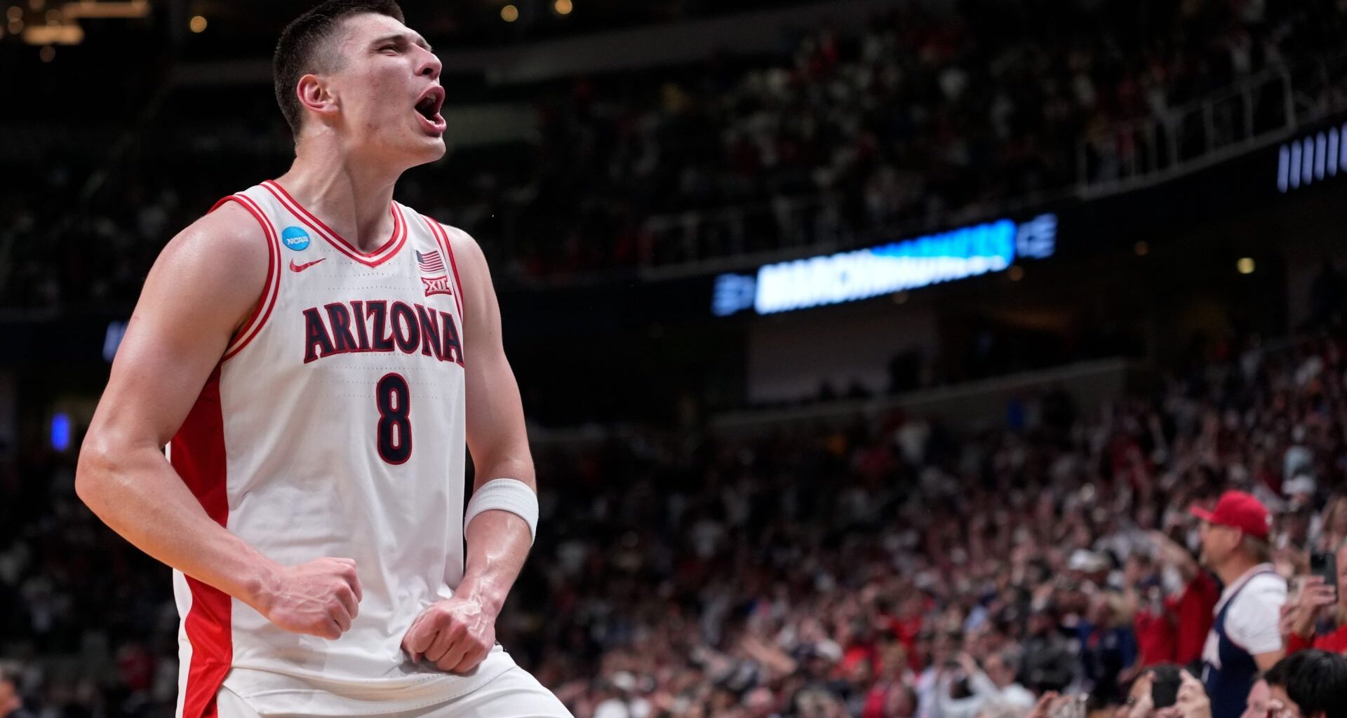 Mar 28, 2026; San Jose, CA, USA; Arizona Wildcats forward Ivan Kharchenkov (8) celebrates after an Elite Eight game against the Purdue Boilermakers of the West Regional of the men's 2026 NCAA Tournament at SAP Center