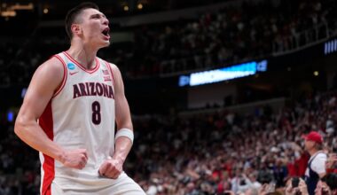 Mar 28, 2026; San Jose, CA, USA; Arizona Wildcats forward Ivan Kharchenkov (8) celebrates after an Elite Eight game against the Purdue Boilermakers of the West Regional of the men's 2026 NCAA Tournament at SAP Center