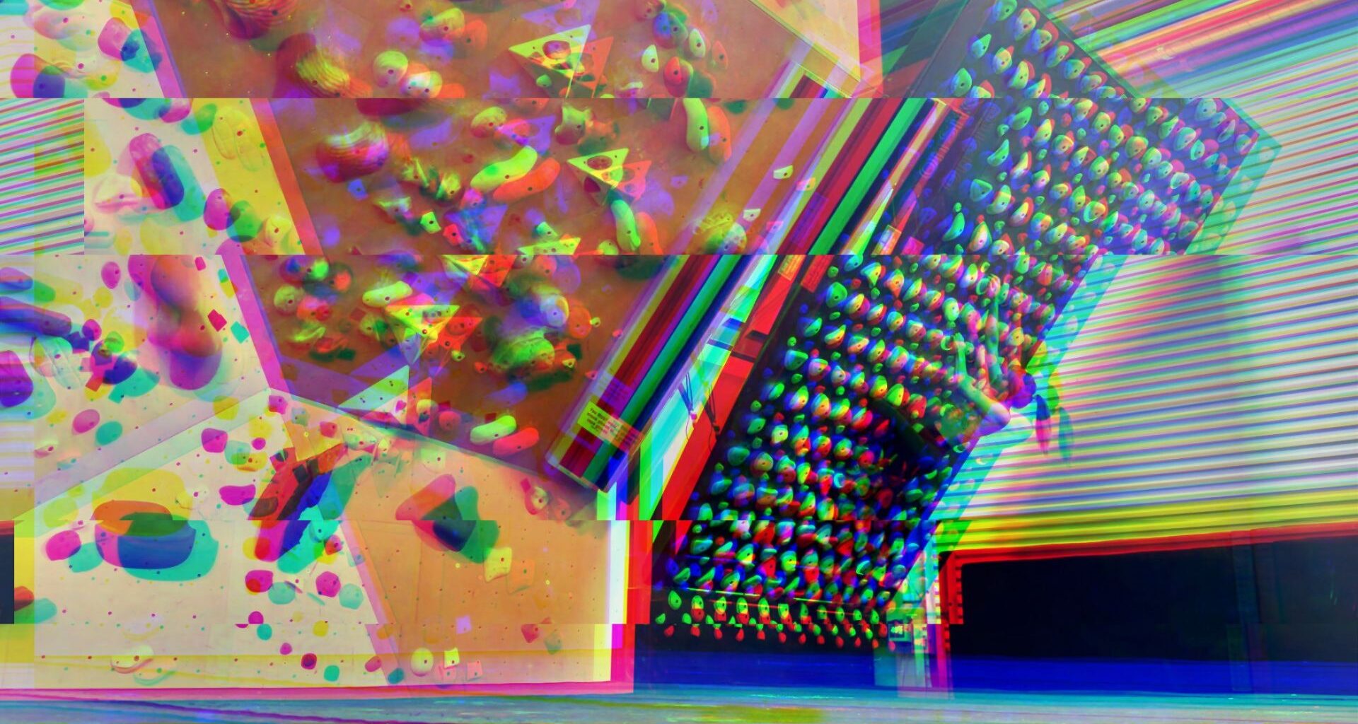 Under a distorted "glitch" effect, a female climber boulders on the Kilter Board in a climbing gym with orange walls.