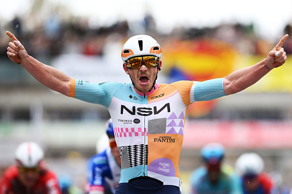 BARCELONA, SPAIN - MARCH 29: Brady Gilmore of Australia and Team NSN Cycling celebrates at finish line as stage winner during the 105th Volta a Catalunya 2026, Stage 7 a 95.1km stage from Barcelona to Barcelona / #UCIWT / on March 29, 2026 in Barcelona, Spain. (Photo by Szymon Gruchalski/Getty Images)