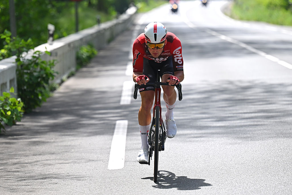 EIBAR, SPAIN - APRIL 10: Baptiste Veistroffer of France and Team Lotto Intermarch&eacute; attacks during the 65th Itzulia Basque Country 2026, Stage 5 a 176.2km stage from Eibar to Eibar / #UCIWT / on April 10, 2026 in Eibar, Spain. (Photo by Tim de Waele/Getty Images)