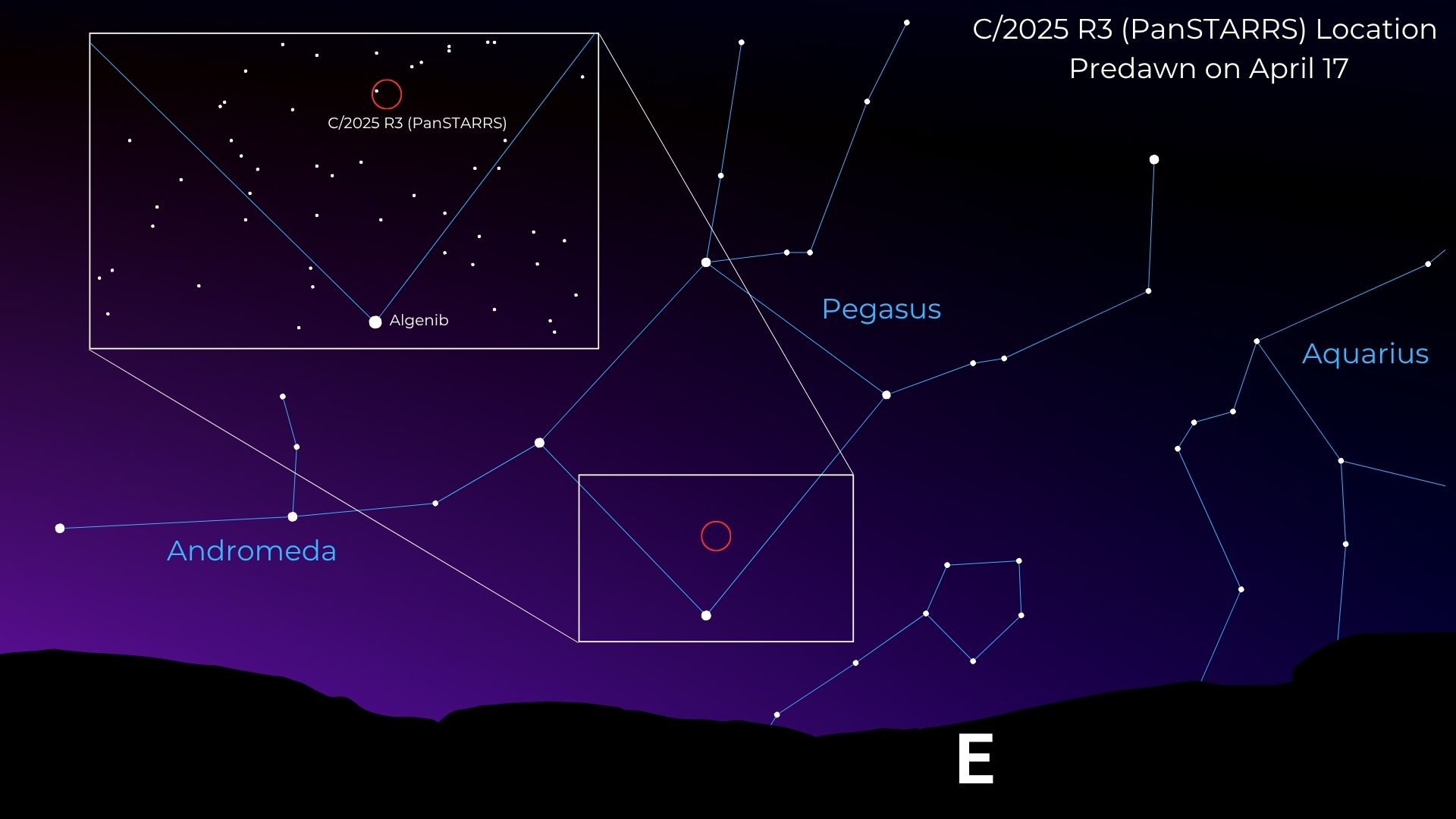 A starmap showing the location of the comet Pan-STARRS in the context of prominent constellations in the early morning hours of April 17.