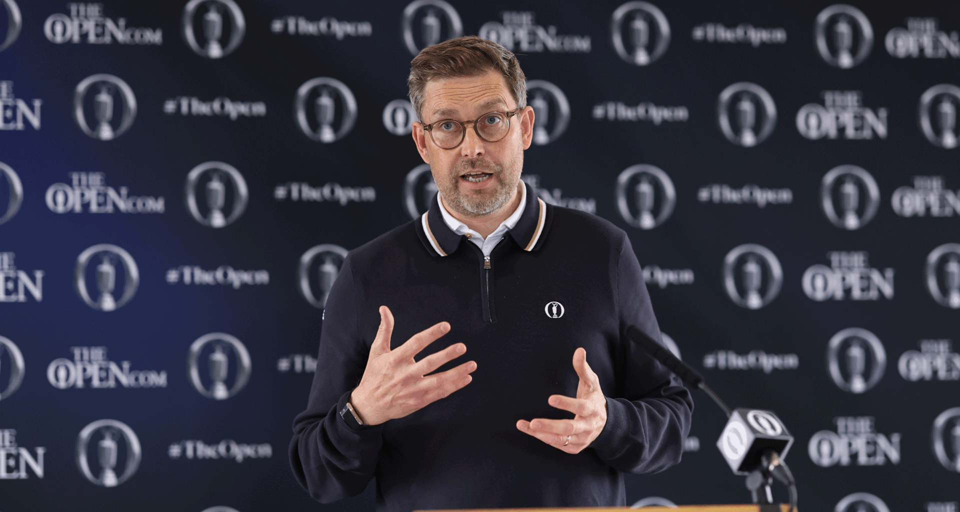 Mark Darbon speaks during The Open Championship media day at Royal Birkdale in 2026