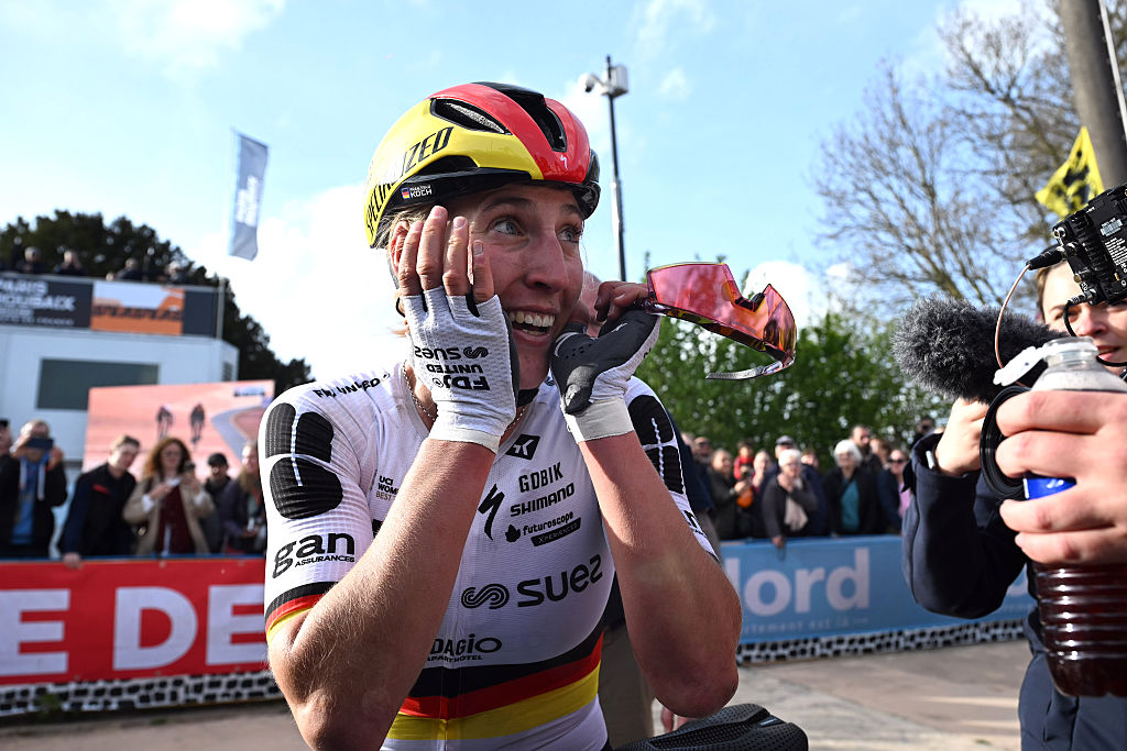 Race winner Franziska Koch of Germany and Team FDJ United - SUEZ reacts after the 6th Paris-Roubaix Femmes Hauts-de-France 2026 -
