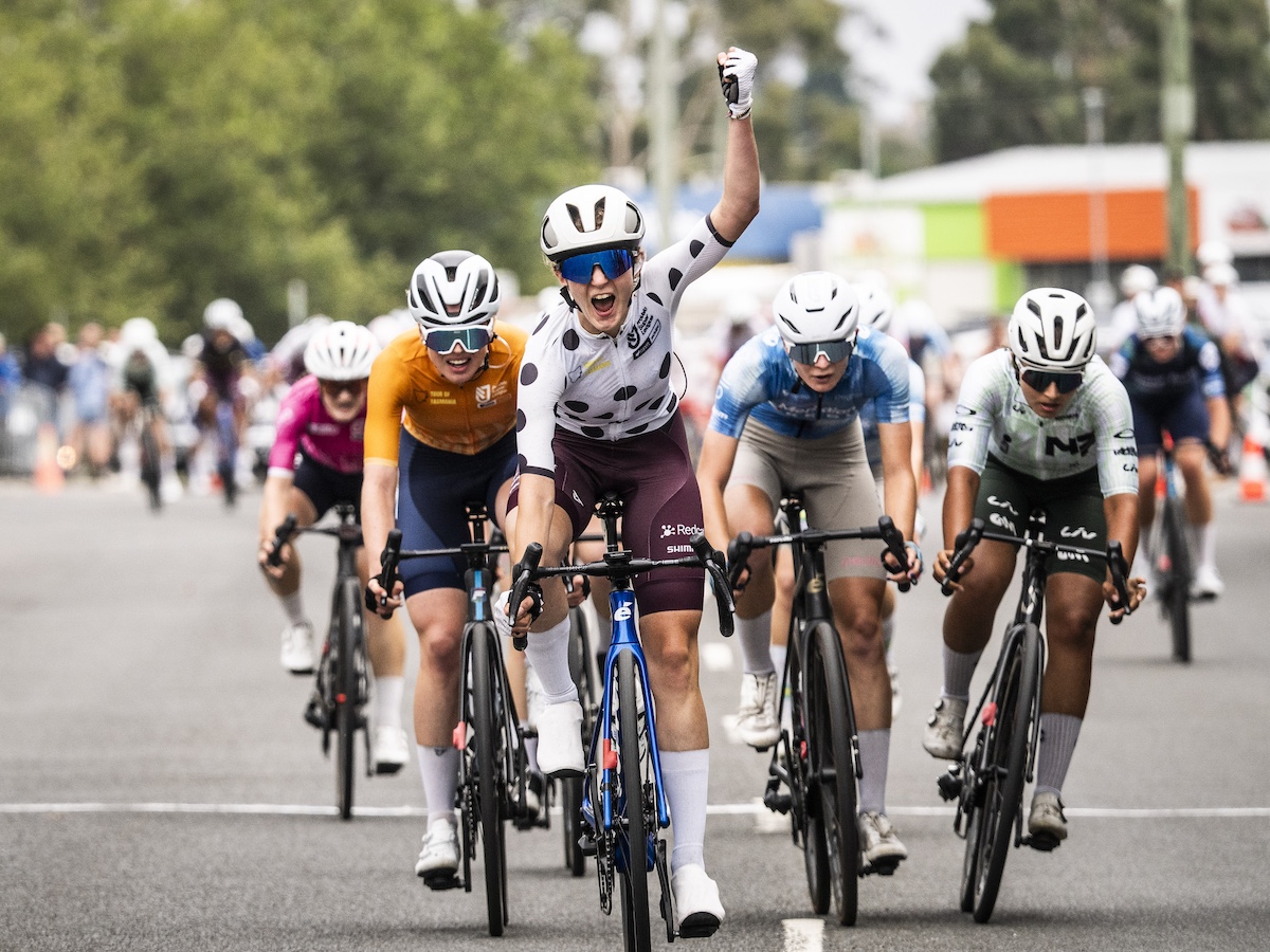 Ruby Taylor (Team Redcat) celebrates her second victory of the Tour of Tasmania in round 2 of the ProVelo Super League