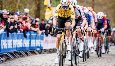 Wout van Aert leads a bunch of riders over a cobbled climb during In Flanders Fields 2026