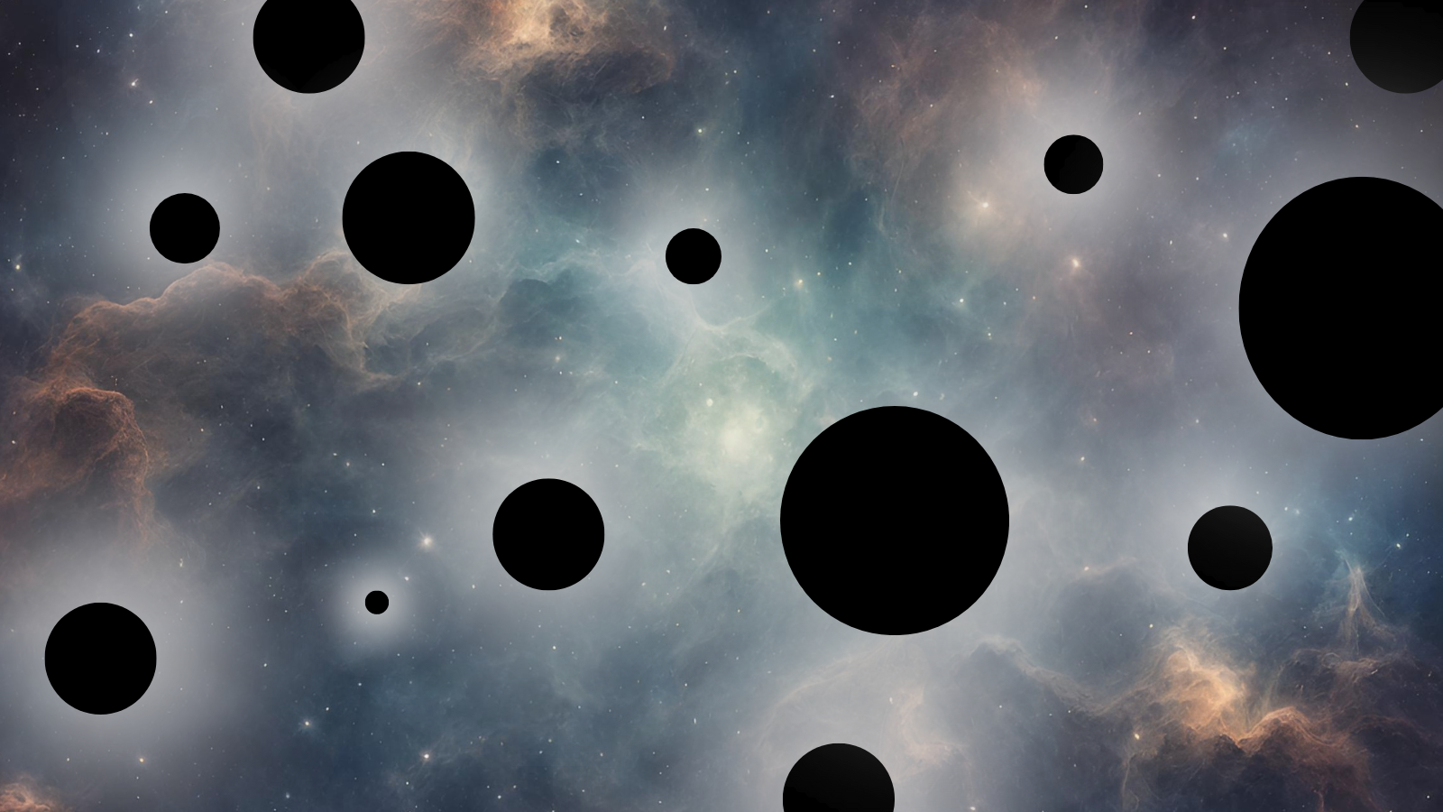 A bunch of black circles over hazy tendrils and swirls in space is illustrated here.
