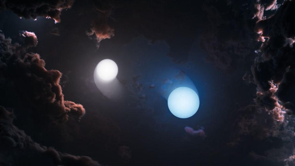 One blue star and one white-yellow star orbiting around one another. Behind, there are dark clouds with orange and pink tints.