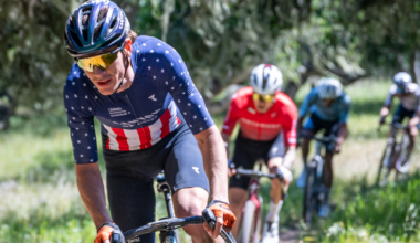 Race winner Bradyn Lange sets the pace on singletrack section of Sea Otter Classic, trailed by runner-up Keegan Swenson