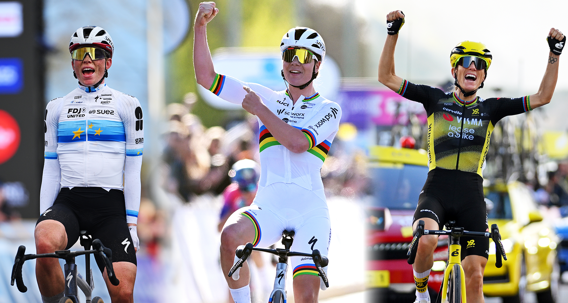 Composite image showing Demi Vollering, Lotte Kopecky and Pauline Ferrand-Pr&eacute;vot all celebrating winning races