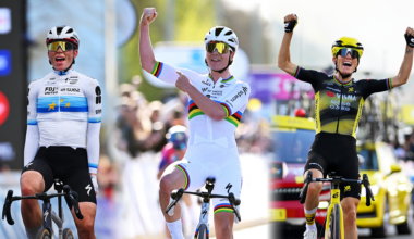 Composite image showing Demi Vollering, Lotte Kopecky and Pauline Ferrand-Pr&eacute;vot all celebrating winning races