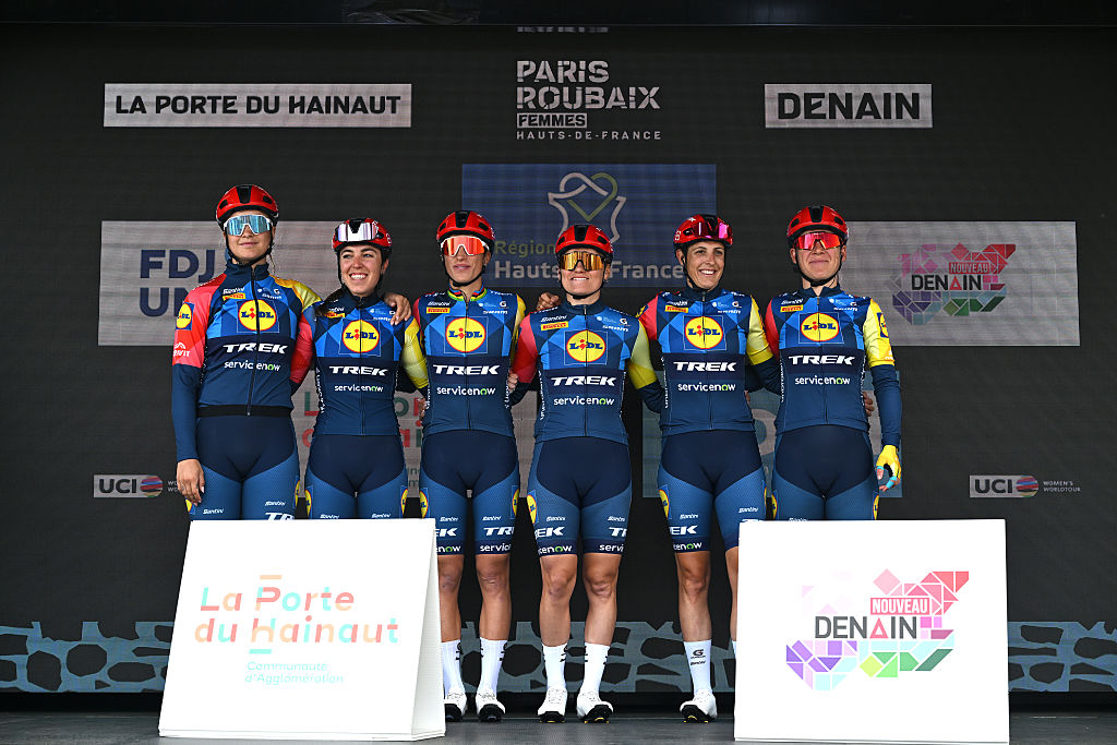 DENAIN, FRANCE - APRIL 12: A general view of Elisa Balsamo of Italy, Lucinda Brand of Netherlands, Clara Copponi of France, Lauretta Hanson of Australia, Emma Norsgaard Bjerg of Denmark, Shirin van Anrooij of Netherlands and Team Lidl - Trek prior to the 6th Paris-Roubaix Femmes Hauts-de-France 2026 - Women's Elite a 143.1km one day race from Denain to Roubaix / #UCIWWT / on April 12, 2026 in Denain, France. (Photo by Luc Claessen/Getty Images)