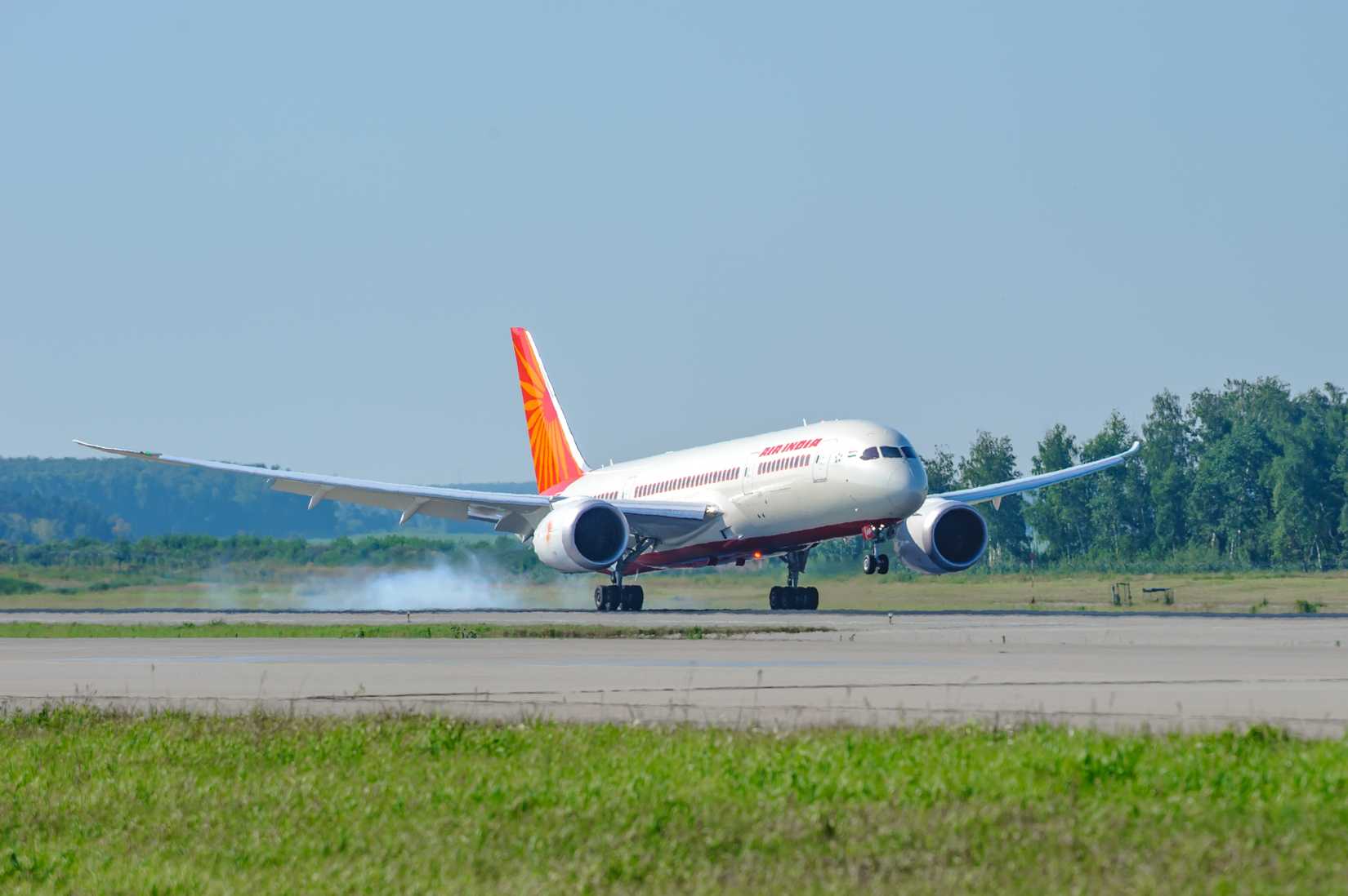 A Boeing 787 Dreamliner aircraft with Air India makes its first landing at Moscow's Domodedovo airport, Russia.