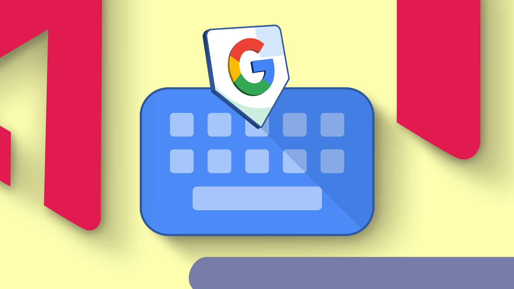 A Gboard illustration with a Google 'G' icon floating above it on a yellow background.