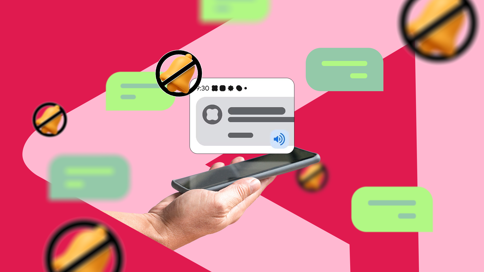 A hand holding a smartphone surrounded by muted notification bells and floating chat bubbles on a red background.