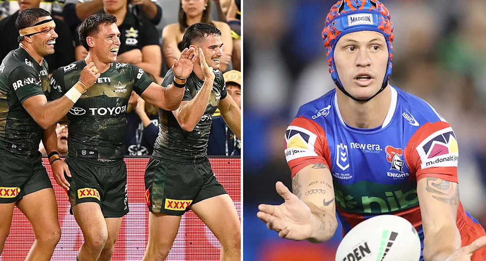 On the right is Knights captain Kalyn Ponga and Cowboys stars Scott Drinkwater and Tom Chester on left.