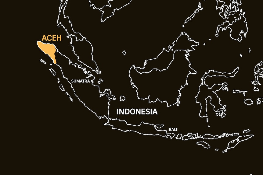 A map showing Aceh province highlighted at the top of Sumatra island north-west of Bali and Jakarta.