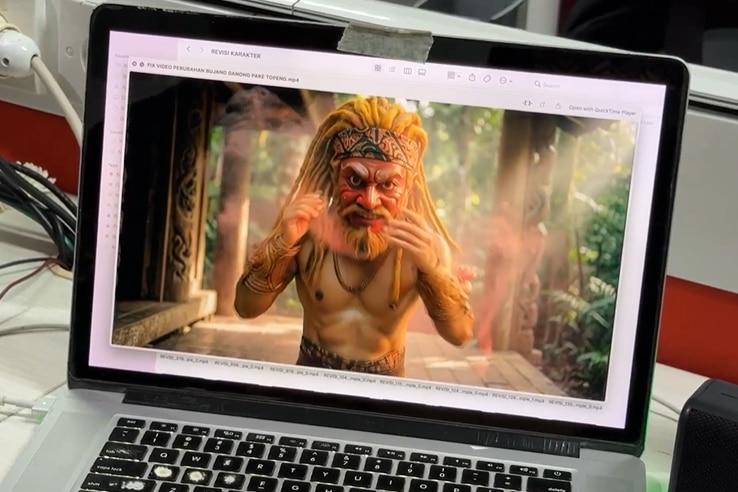 A laptop with an AI-generated image of a man with a mask.